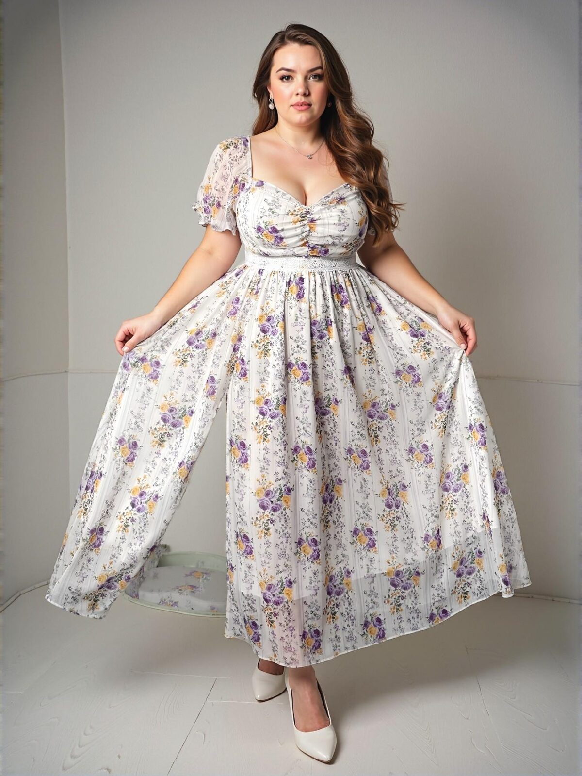Elegant White Flowy Floral Chiffon Maxi Dress with Short Puff Sleeves for Spring and Summer - Chic, Classy and Trendy Fashion Style to Dress to Impress - Image 5