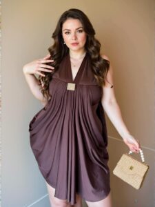 Elegant Coffee Brown Casual Dress with Asymmetrical Hem and Halter Neck for Vacations and Summer Events - Chic, Classy and Trendy Fashion Style to Dress to Impress