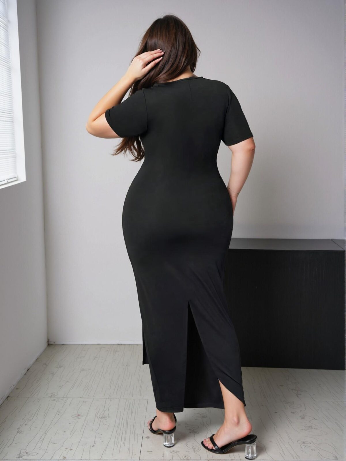 Elegant Black V-Neck Bodycon Dress with Ruched Waist and Side Slit for Spring and Summer - Chic, Classy and Trendy Fashion Style to Dress to Impress - Image 2