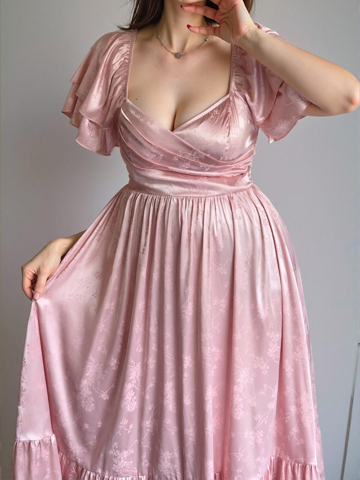 Elegant Multicolor Romantic Tea-Length Dress with Square Collar, Cinched Waist and Double Layered Ruffle Sleeves; Stylish A-Line Silhouette for Women in Spring and Summer – Chic, Classy and Trendy Fashion Style to Dress to Impress