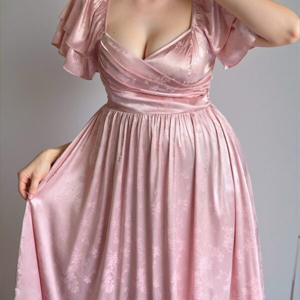 Elegant Multicolor Romantic Tea-Length Dress with Square Collar, Cinched Waist and Double Layered Ruffle Sleeves; Stylish A-Line Silhouette for Women in Spring and Summer – Chic, Classy and Trendy Fashion Style to Dress to Impress