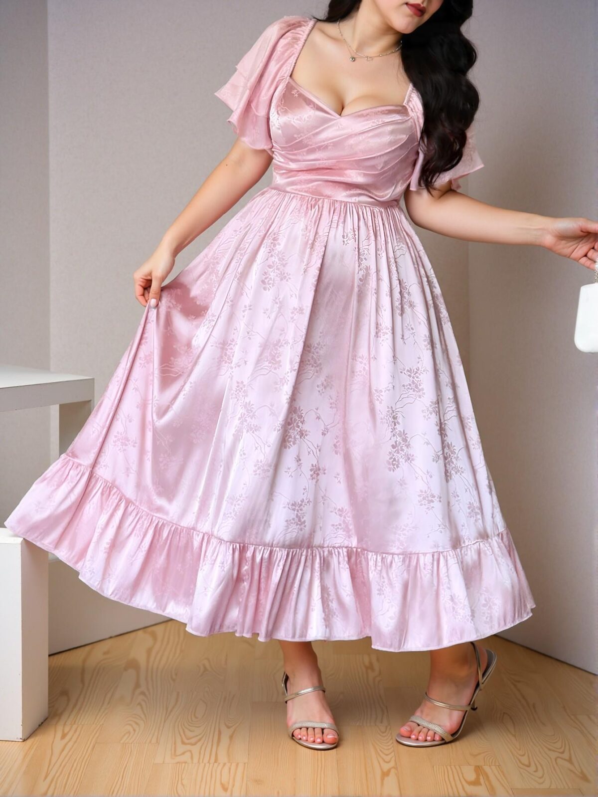 Elegant Multicolor Romantic Tea-Length Dress with Square Collar, Cinched Waist and Double Layered Ruffle Sleeves; Stylish A-Line Silhouette for Women in Spring and Summer – Chic, Classy and Trendy Fashion Style to Dress to Impress - Image 2