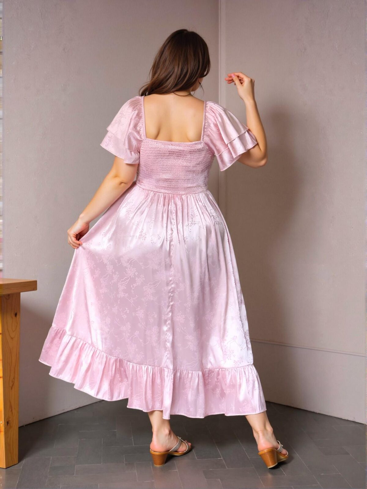 Elegant Multicolor Romantic Tea-Length Dress with Square Collar, Cinched Waist and Double Layered Ruffle Sleeves; Stylish A-Line Silhouette for Women in Spring and Summer – Chic, Classy and Trendy Fashion Style to Dress to Impress - Image 3
