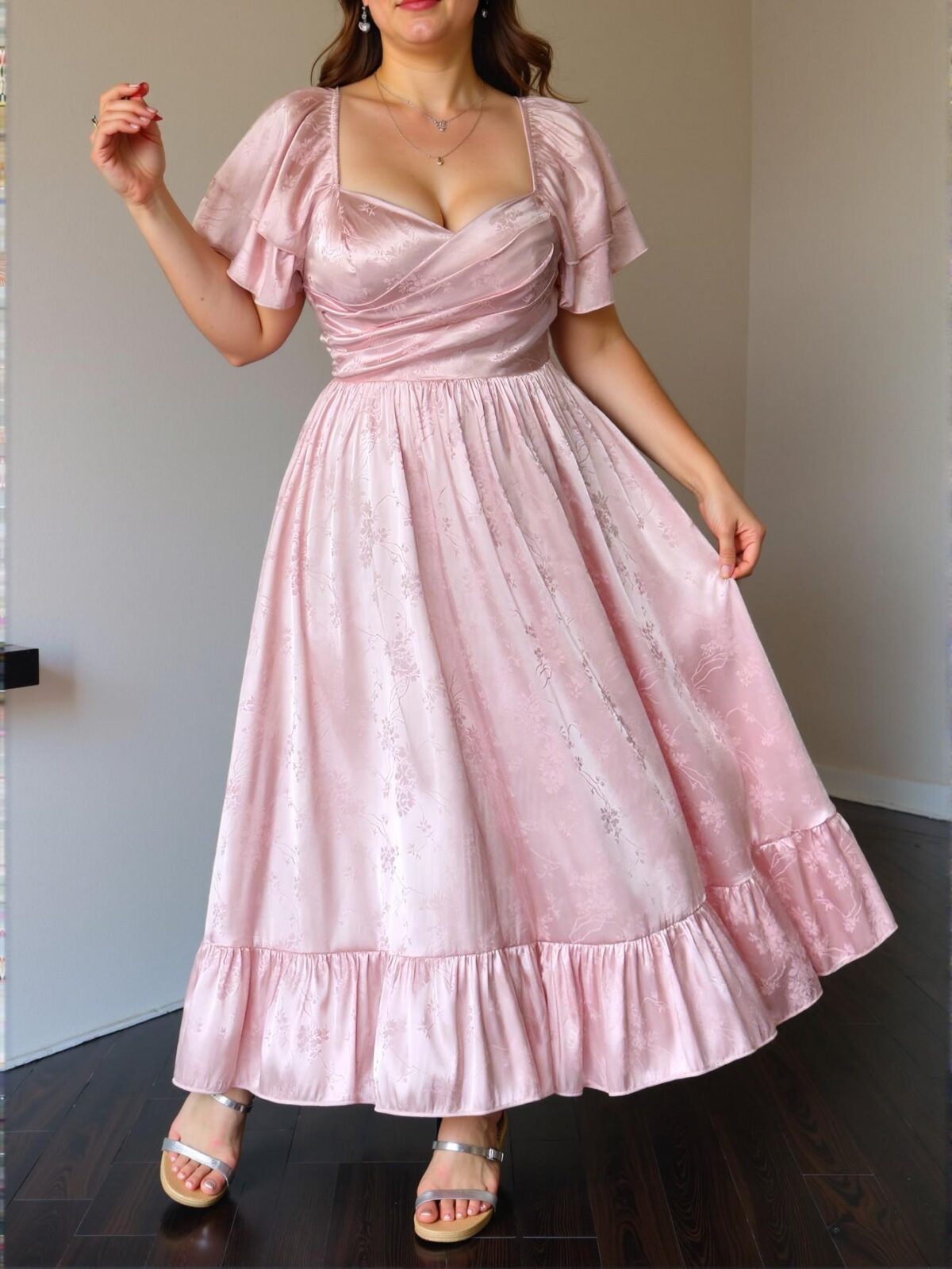 Elegant Multicolor Romantic Tea-Length Dress with Square Collar, Cinched Waist and Double Layered Ruffle Sleeves; Stylish A-Line Silhouette for Women in Spring and Summer – Chic, Classy and Trendy Fashion Style to Dress to Impress - Image 5