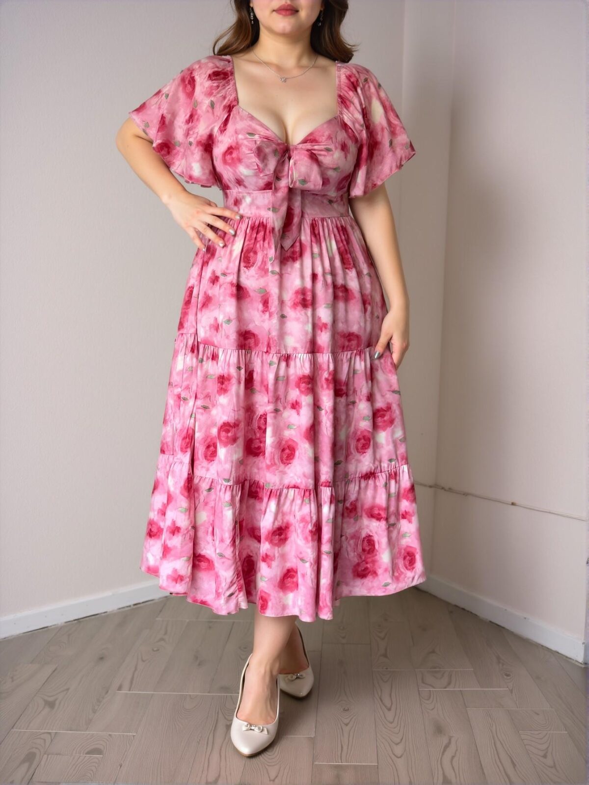 Elegant Hot Pink Flounce Sleeve A-Line Dress with Ruffle Hem for Spring and Summer - Chic, Classy and Trendy Fashion Style to Dress to Impress