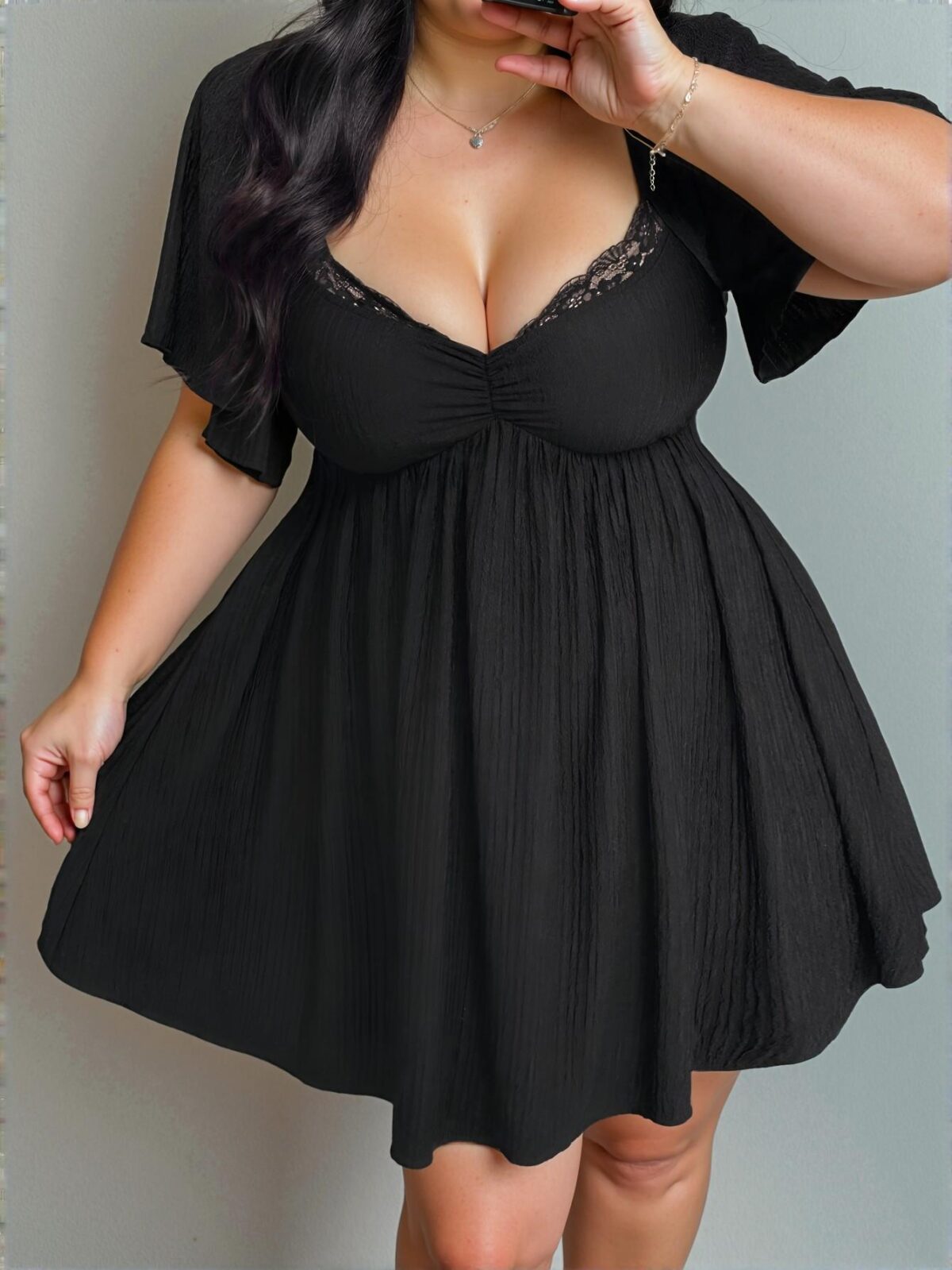 Elegant Black Close-Fitting Lace-Detail Bell Sleeve Knit Dress for Spring and Summer - Chic, Classy and Trendy Fashion Style to Dress to Impress