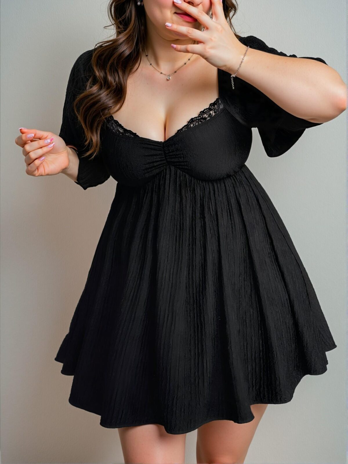 Elegant Black Close-Fitting Lace-Detail Bell Sleeve Knit Dress for Spring and Summer - Chic, Classy and Trendy Fashion Style to Dress to Impress - Image 3