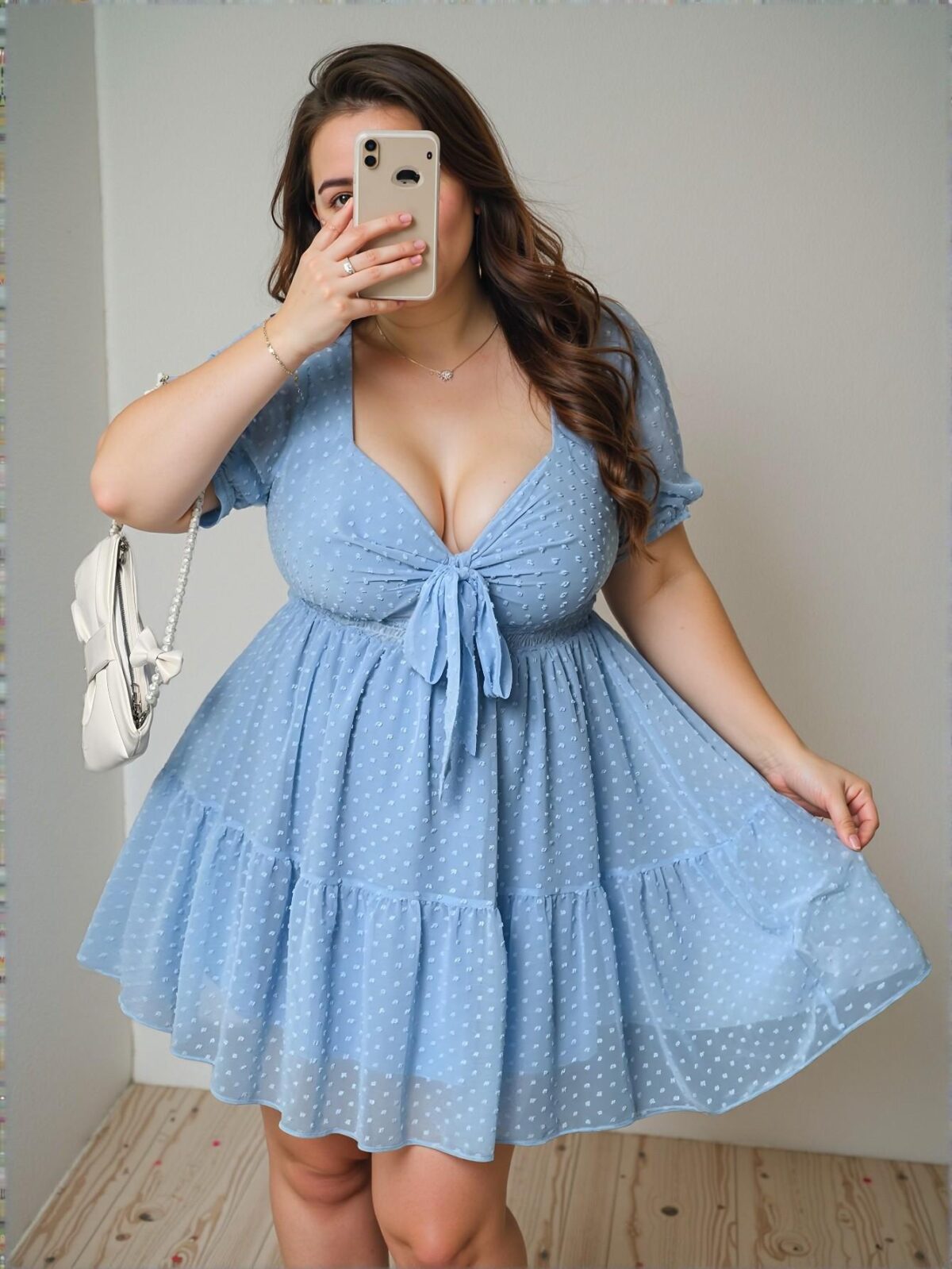 Elegant Blue Chic A-Line Textured Chiffon Dot Print V-Neck Ruffled Hem Dress with Lace-Up Waist for Spring and Summer - Chic, Classy and Trendy Fashion Style to Dress to Impress - Image 3