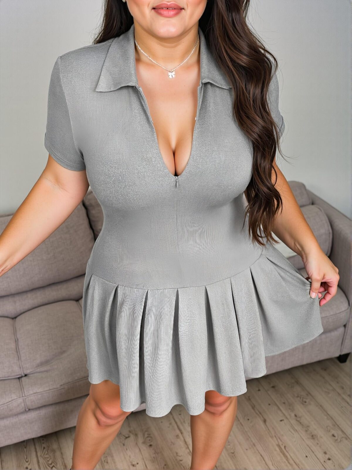 Elegant Grey Minimalist Short Sleeve Pleated Skater Dress for Spring and Summer - Chic, Classy and Trendy Fashion Style to Dress to Impress