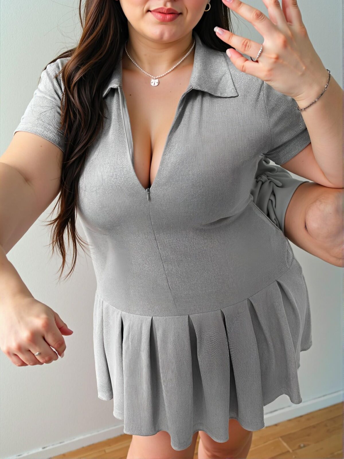 Elegant Grey Minimalist Short Sleeve Pleated Skater Dress for Spring and Summer - Chic, Classy and Trendy Fashion Style to Dress to Impress - Image 4