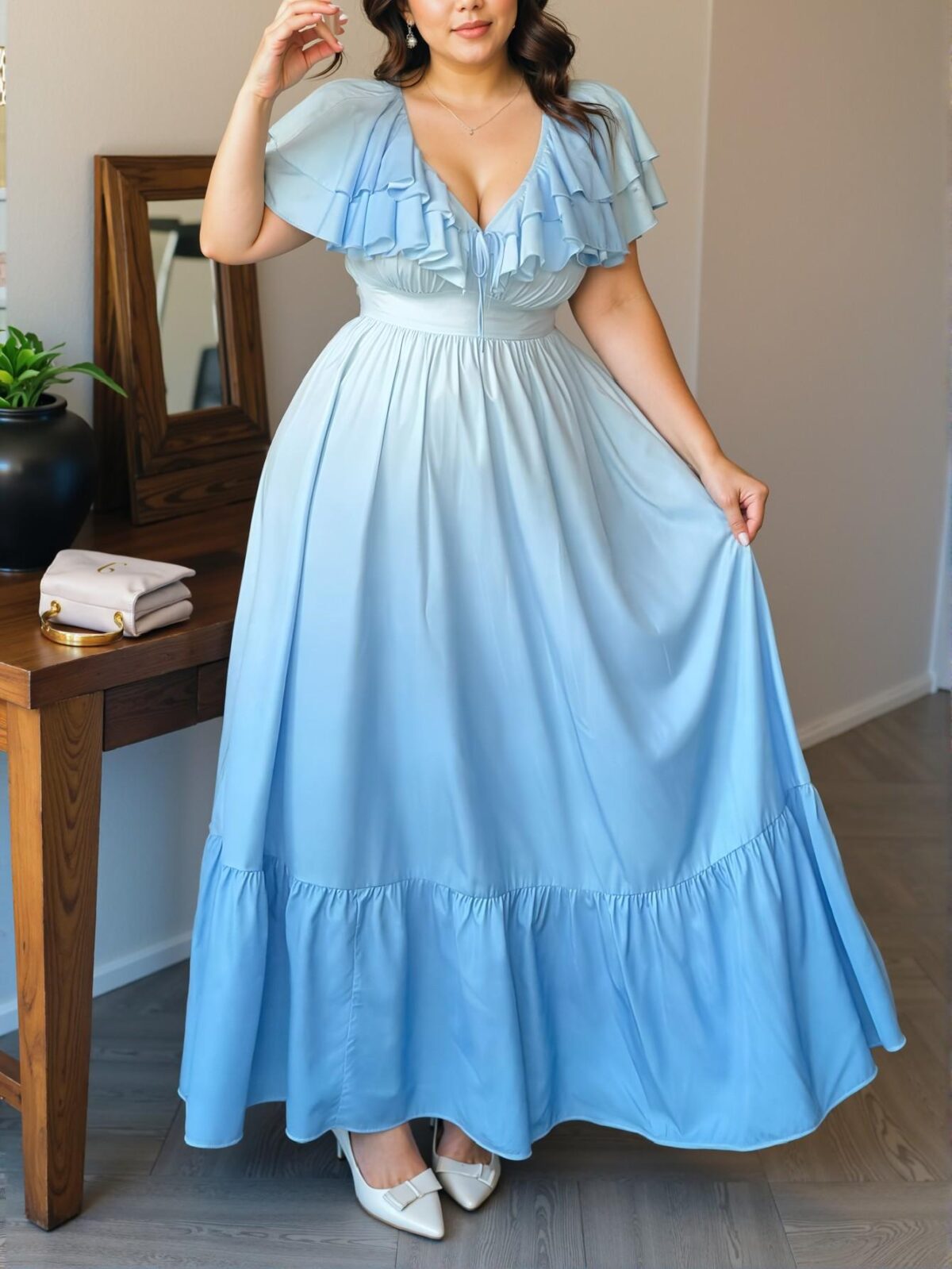 Elegant Multicolor Romantic Ruffle Collar V-Neck Tie-Bow A-Line Long Dress for Spring and Summer Gatherings "Chic, Classy and Trendy Fashion Style to Dress to Impress"
