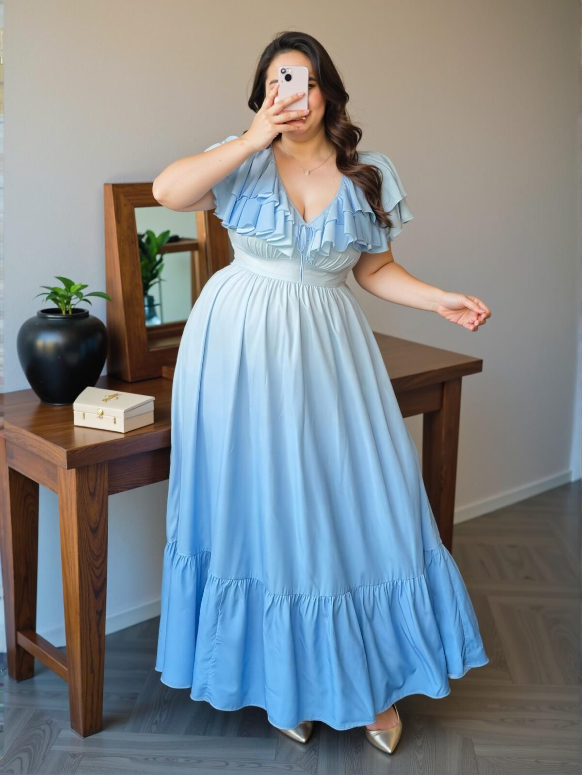 Elegant Multicolor Romantic Ruffle Collar V-Neck Tie-Bow A-Line Long Dress for Spring and Summer Gatherings "Chic, Classy and Trendy Fashion Style to Dress to Impress" - Image 3