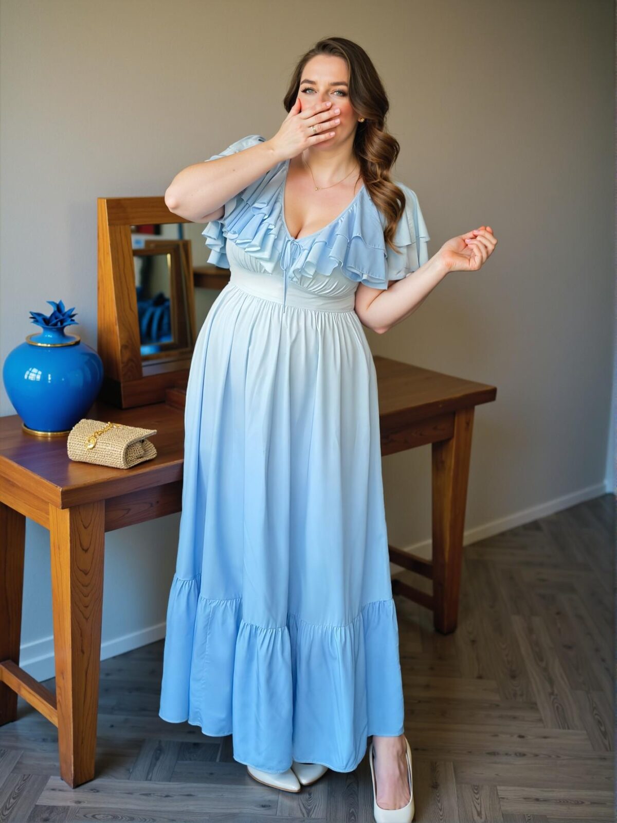 Elegant Multicolor Romantic Ruffle Collar V-Neck Tie-Bow A-Line Long Dress for Spring and Summer Gatherings "Chic, Classy and Trendy Fashion Style to Dress to Impress" - Image 4