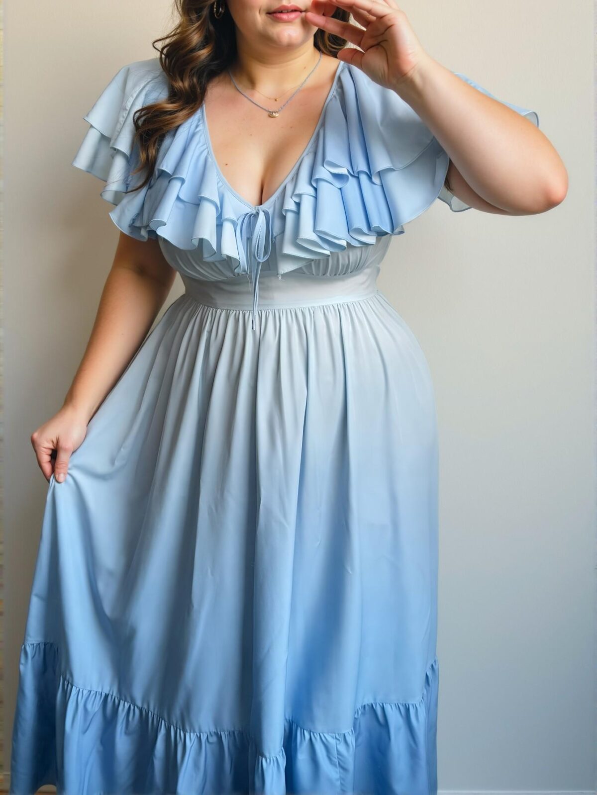 Elegant Multicolor Romantic Ruffle Collar V-Neck Tie-Bow A-Line Long Dress for Spring and Summer Gatherings "Chic, Classy and Trendy Fashion Style to Dress to Impress" - Image 5