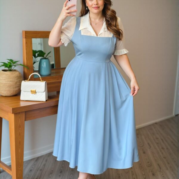 Elegant Blue & White Stylish 2-in-1 Loose Midi Dress for Women - Perfect for Summer, Vacation, and Graduation. Chic, Classy and Trendy Fashion Style to Dress to Impress.