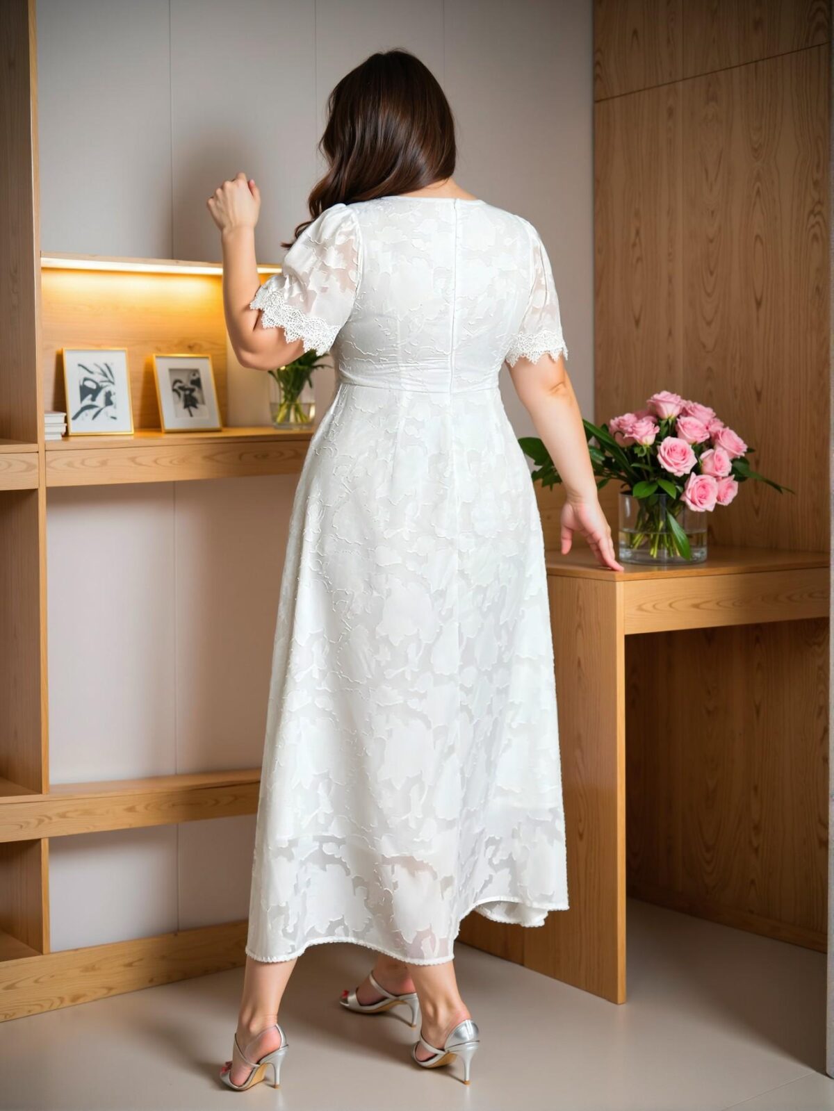 Elegant White Flared A-Line Maxi Dress with Puff Short Sleeves and Floral Lace Trim Hem, Perfect for Spring and Summer "Chic, Classy and Trendy Fashion Style to Dress to Impress" - Image 2
