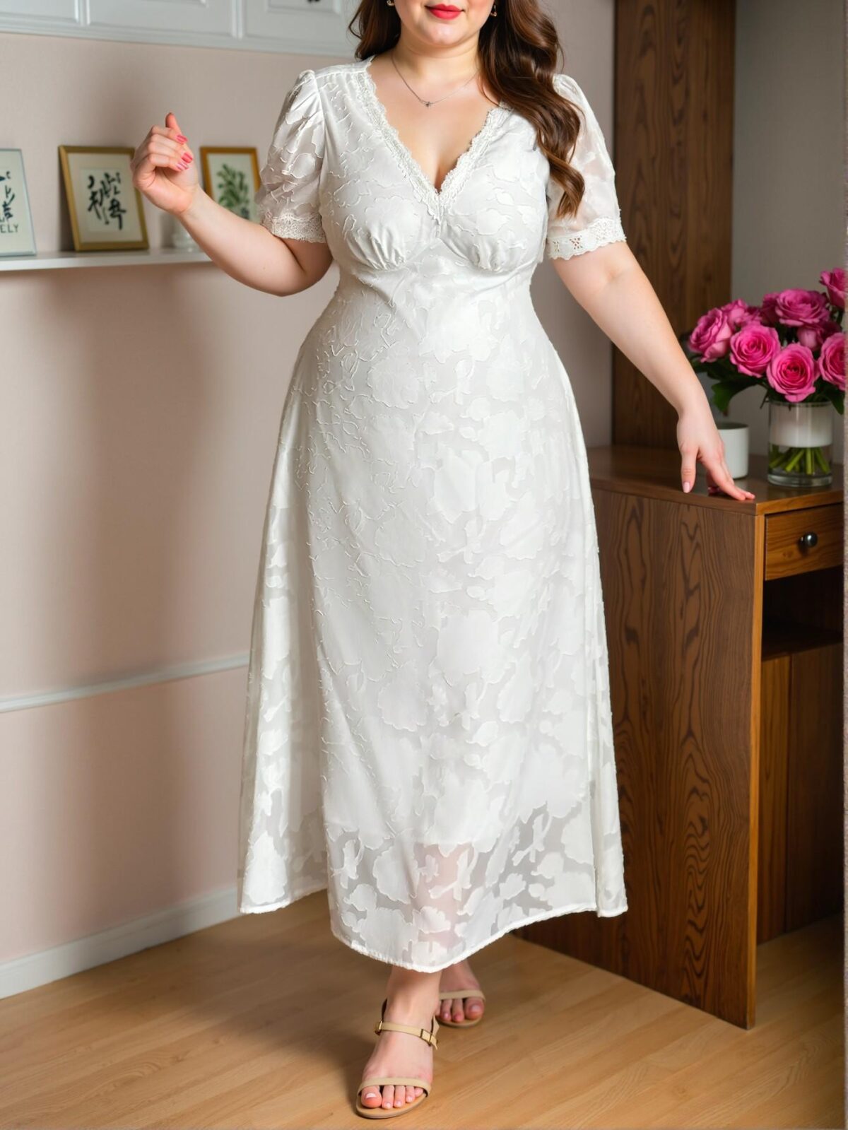 Elegant White Flared A-Line Maxi Dress with Puff Short Sleeves and Floral Lace Trim Hem, Perfect for Spring and Summer "Chic, Classy and Trendy Fashion Style to Dress to Impress" - Image 3