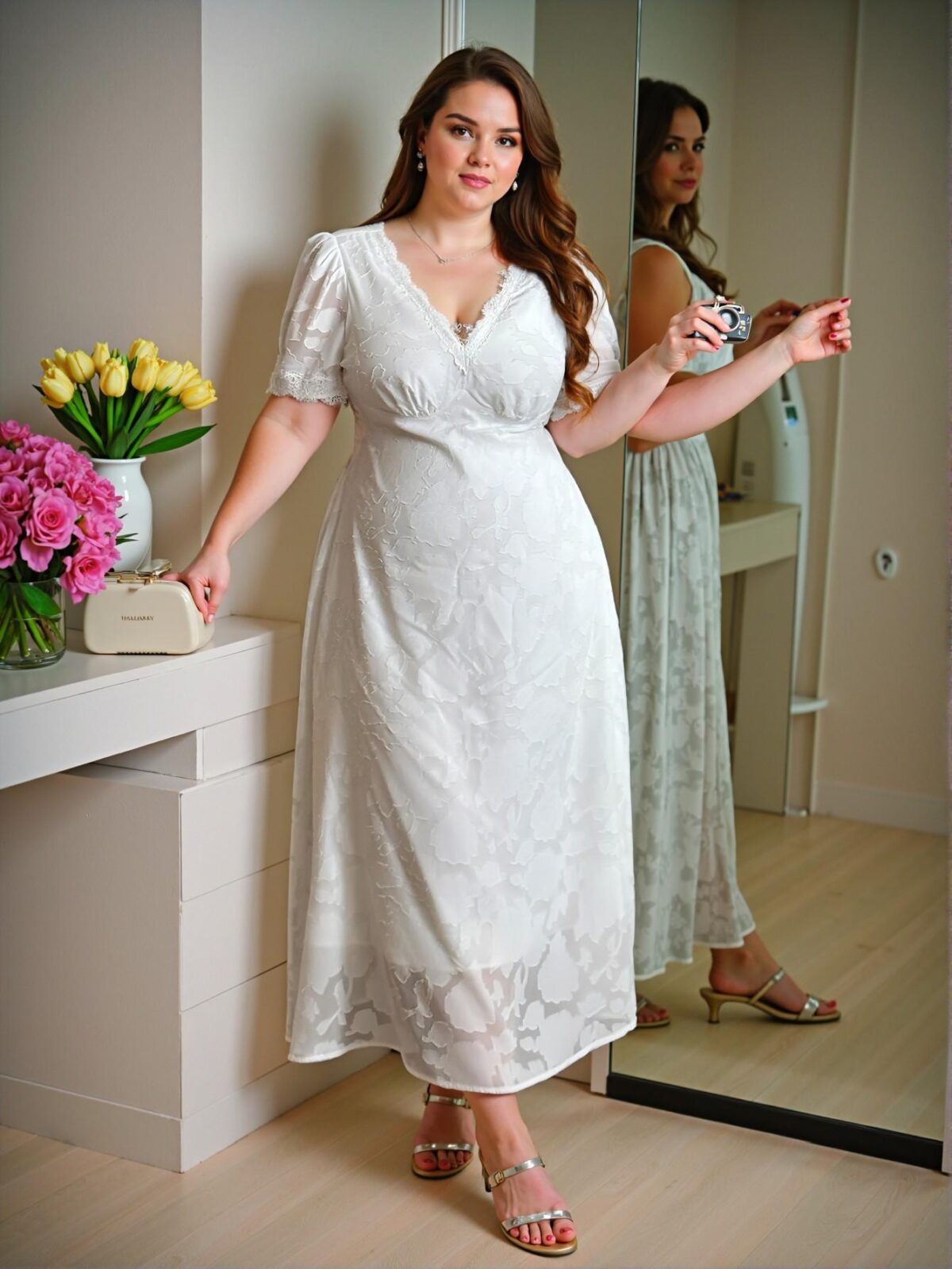 Elegant White Flared A-Line Maxi Dress with Puff Short Sleeves and Floral Lace Trim Hem, Perfect for Spring and Summer "Chic, Classy and Trendy Fashion Style to Dress to Impress" - Image 4