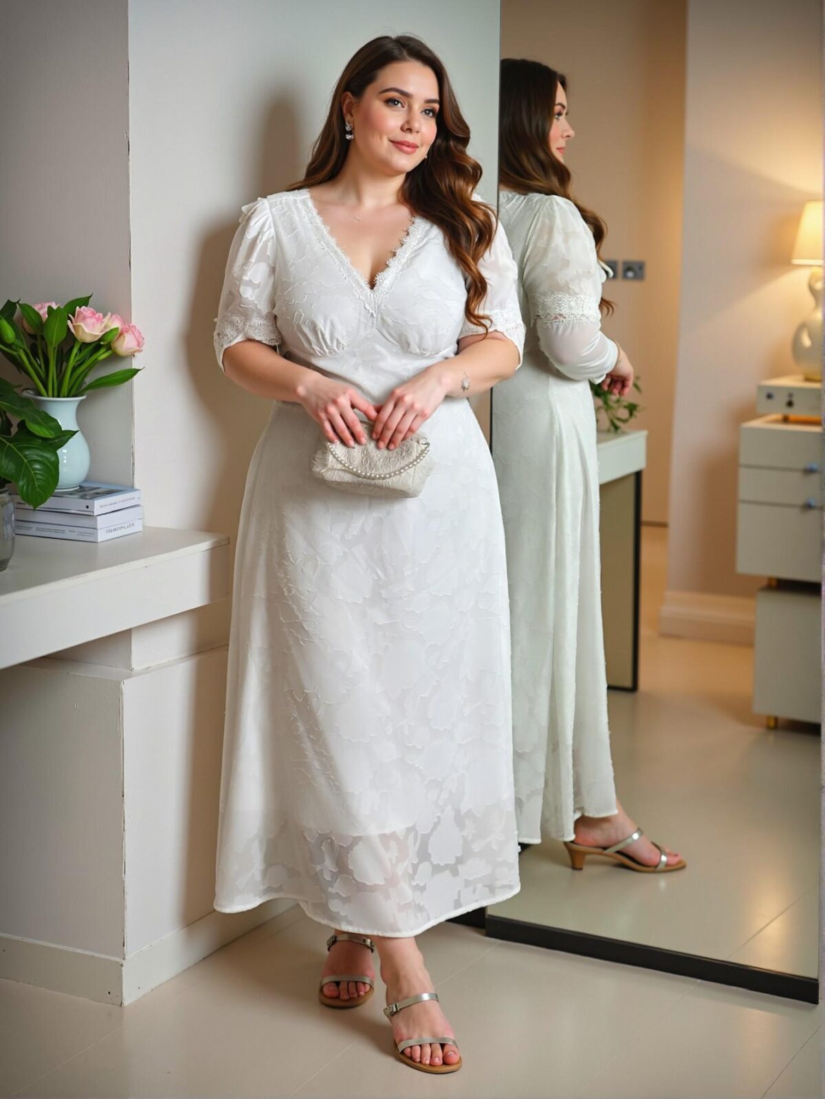 Elegant White Flared A-Line Maxi Dress with Puff Short Sleeves and Floral Lace Trim Hem, Perfect for Spring and Summer "Chic, Classy and Trendy Fashion Style to Dress to Impress" - Image 5