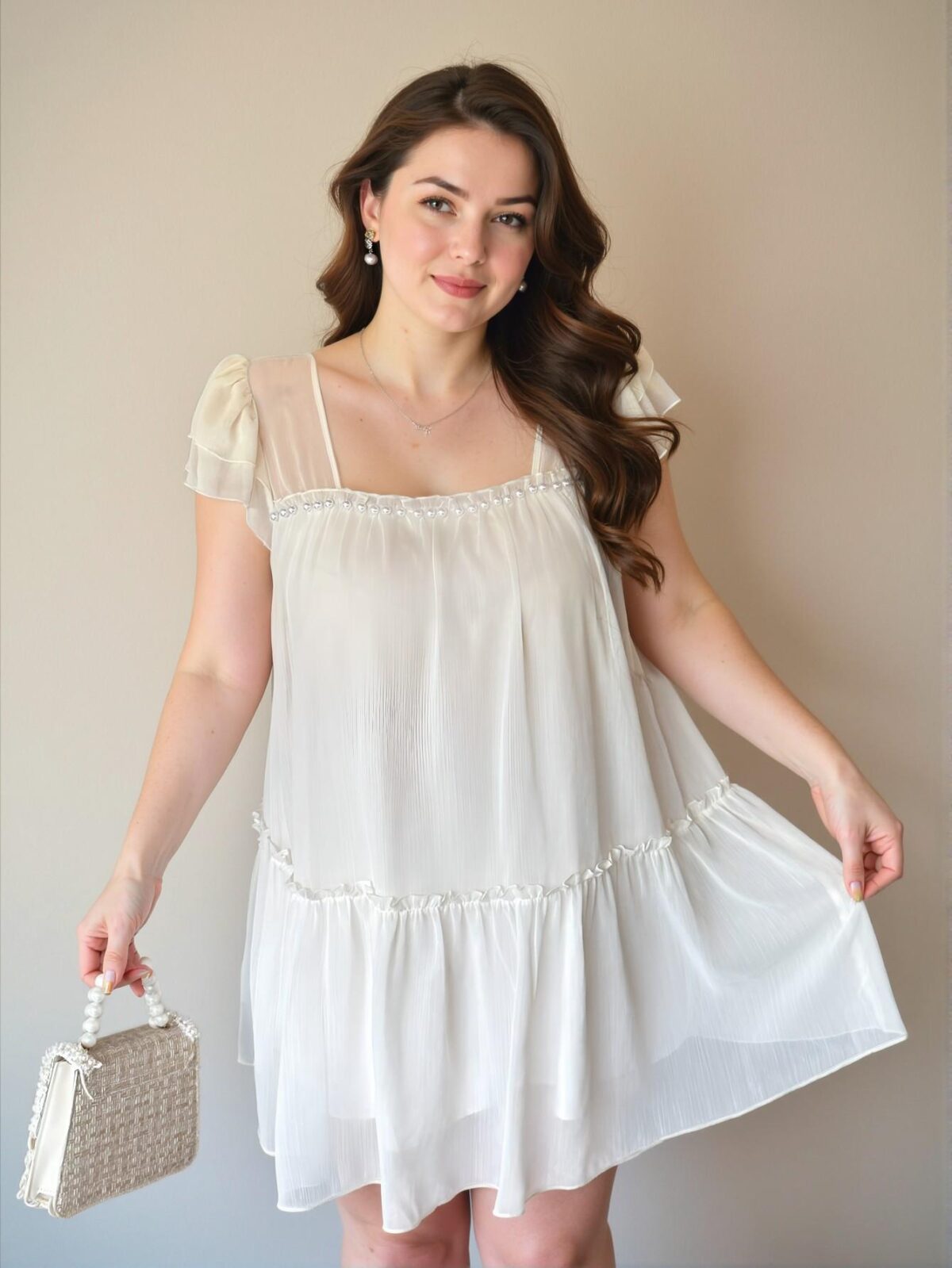 Elegant Apricot Flounce Sleeve Knee-Length Smock Dress for Vacations, Dates, and Parties in Spring and Summer - Chic, Classy and Trendy Fashion Style to Dress to Impress - Image 2