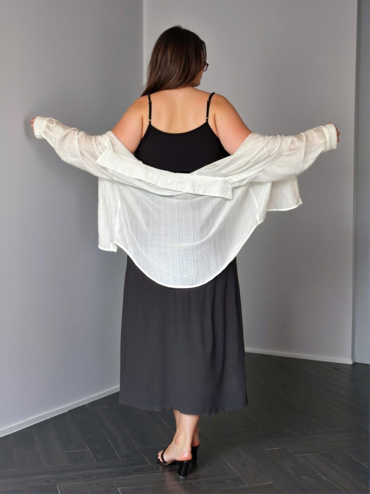 Elegant Multicolor Casual 2-Piece Outfit Featuring a Textured Striped Drop Shoulder Blouse and a Loose Black Knitted Long Dress with Waist Twist Detail, Perfect for Spring and Summer "Chic, Classy and Trendy Fashion Style to Dress to Impress" - Image 2