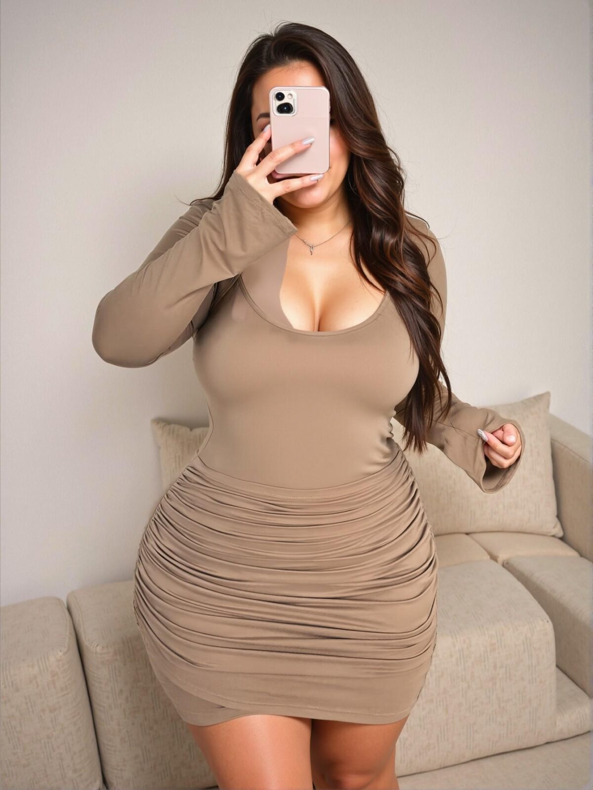 Elegant Khaki Plus Size Women’s Two-Piece Ensemble with Long Sleeve Jacket and Body-Con Mini Dress Featuring Cross Front Hem for Formal Occasions in Spring and Summer - Chic, Classy, and Trendy Fashion Style to Dress to Impress - Image 2
