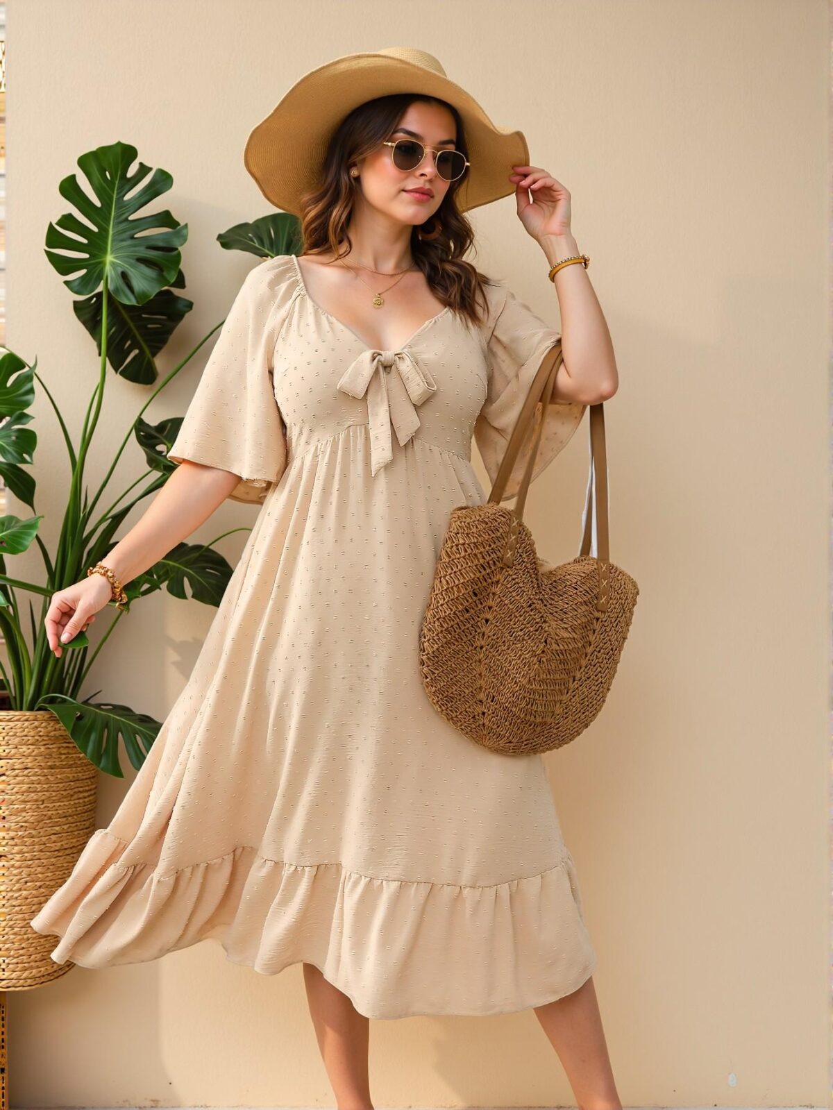 Sophisticated Apricot Flare Hem Short Sleeve Dress with Cutout Details Perfect for Spring and Summer – Chic, Classy and Trendy Fashion Style to Dress to Impress - Image 3