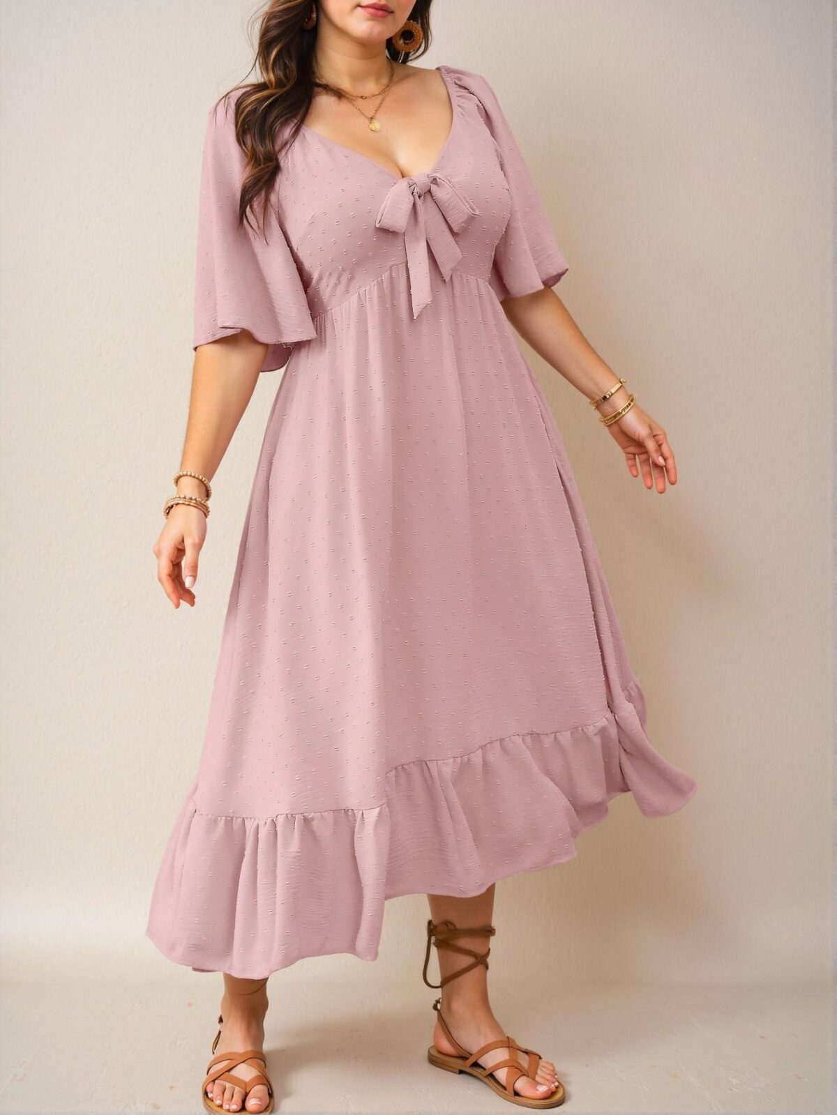 Elegant Pink Flare Hem Short Sleeve Plus Size Dress with Cut-Out Design for Spring and Summer - Chic, Classy and Trendy Fashion Style to Dress to Impress - Image 3