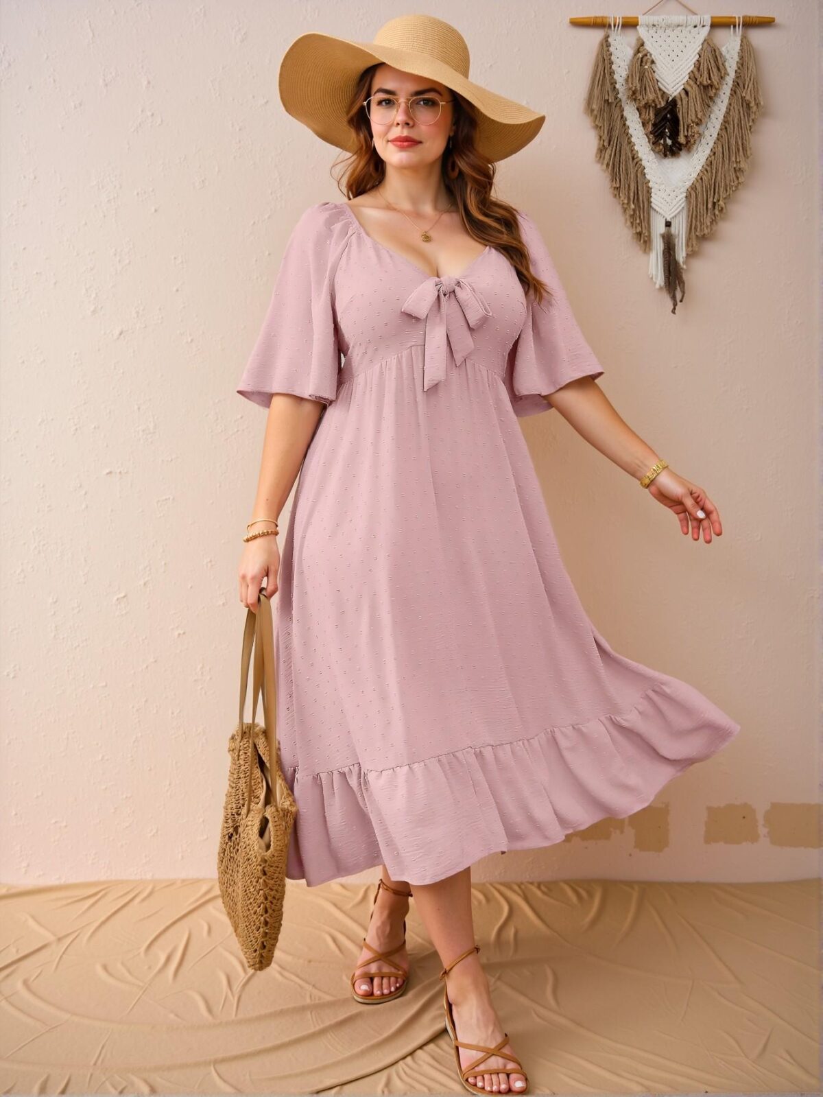 Elegant Pink Flare Hem Short Sleeve Plus Size Dress with Cut-Out Design for Spring and Summer - Chic, Classy and Trendy Fashion Style to Dress to Impress - Image 4