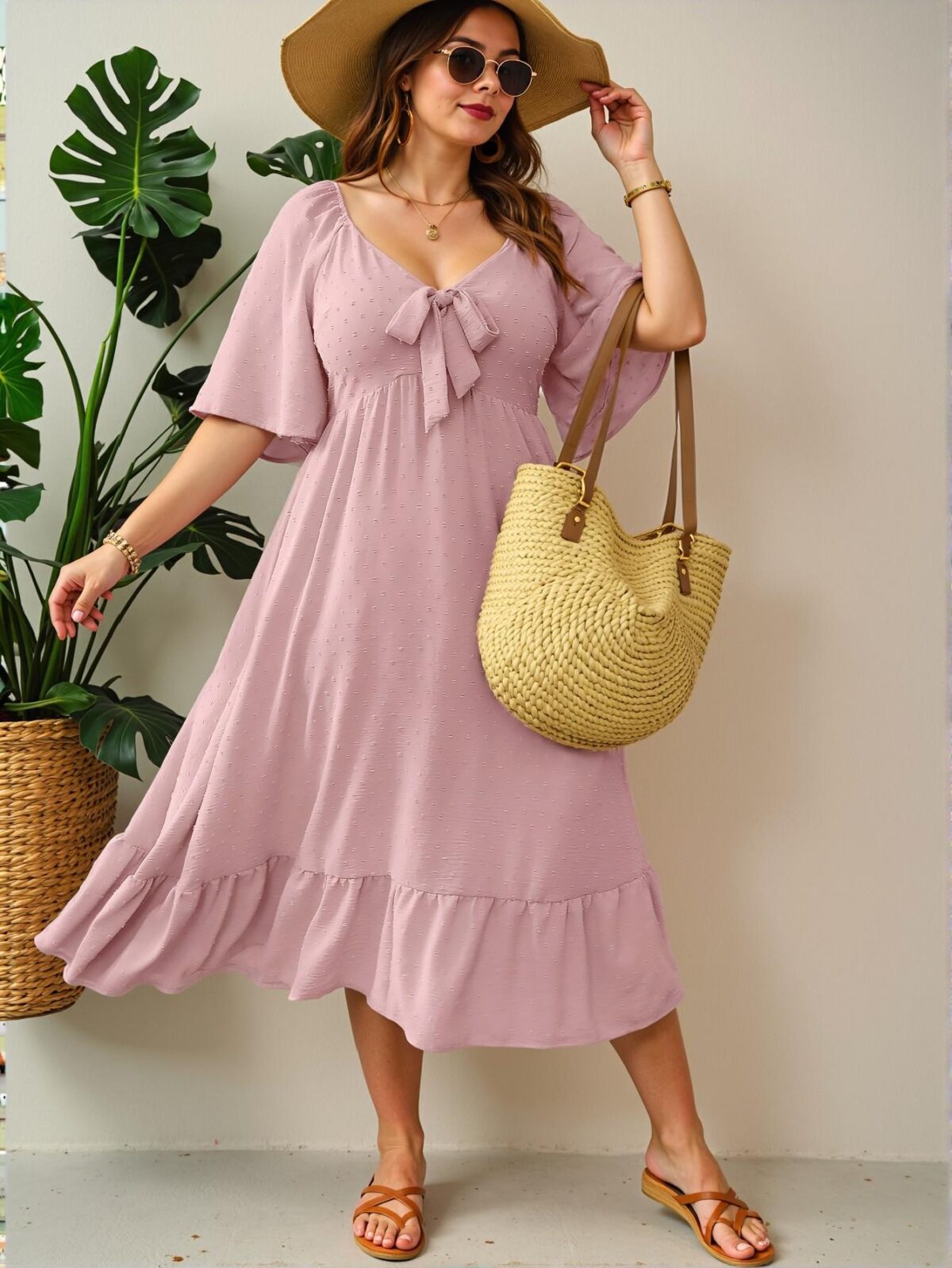 Elegant Pink Flare Hem Short Sleeve Plus Size Dress with Cut-Out Design for Spring and Summer - Chic, Classy and Trendy Fashion Style to Dress to Impress - Image 5