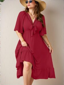 Elegant Red Flare Hem Midi Dress with 3D Cut-Outs and Flounce Sleeves for Spring and Summer Chic, Classy and Trendy Fashion Style to Dress to Impress