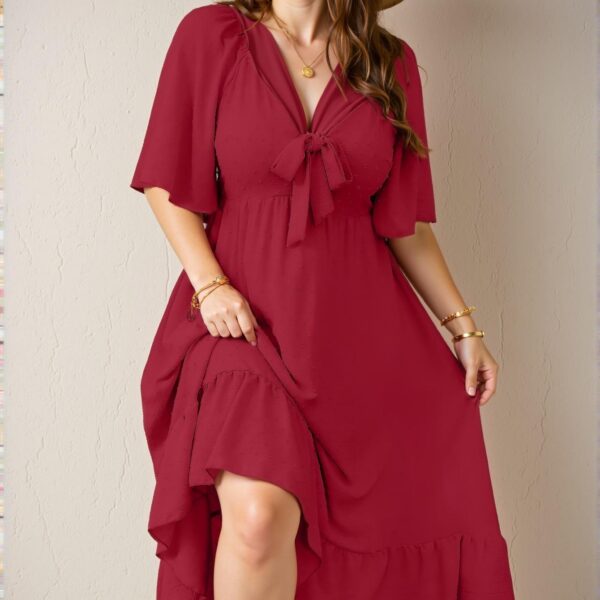 Elegant Red Flare Hem Midi Dress with 3D Cut-Outs and Flounce Sleeves for Spring and Summer Chic, Classy and Trendy Fashion Style to Dress to Impress
