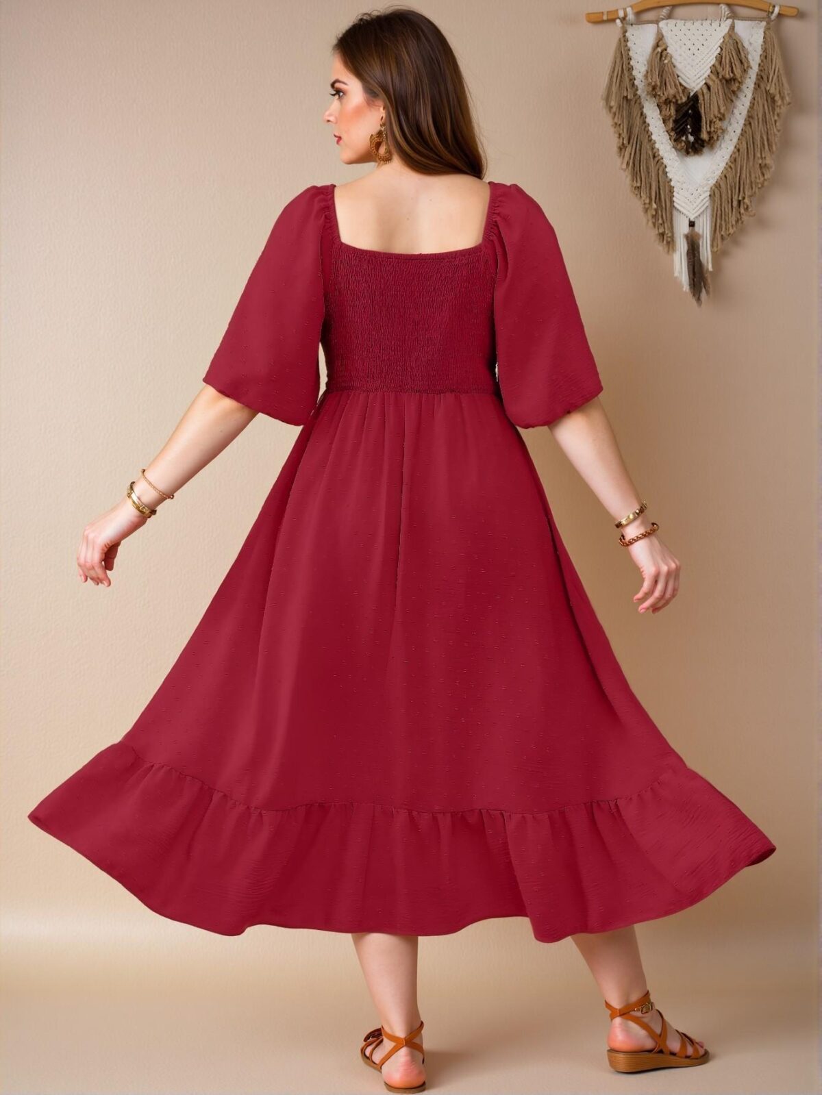 Elegant Red Flare Hem Midi Dress with 3D Cut-Outs and Flounce Sleeves for Spring and Summer Chic, Classy and Trendy Fashion Style to Dress to Impress - Image 2