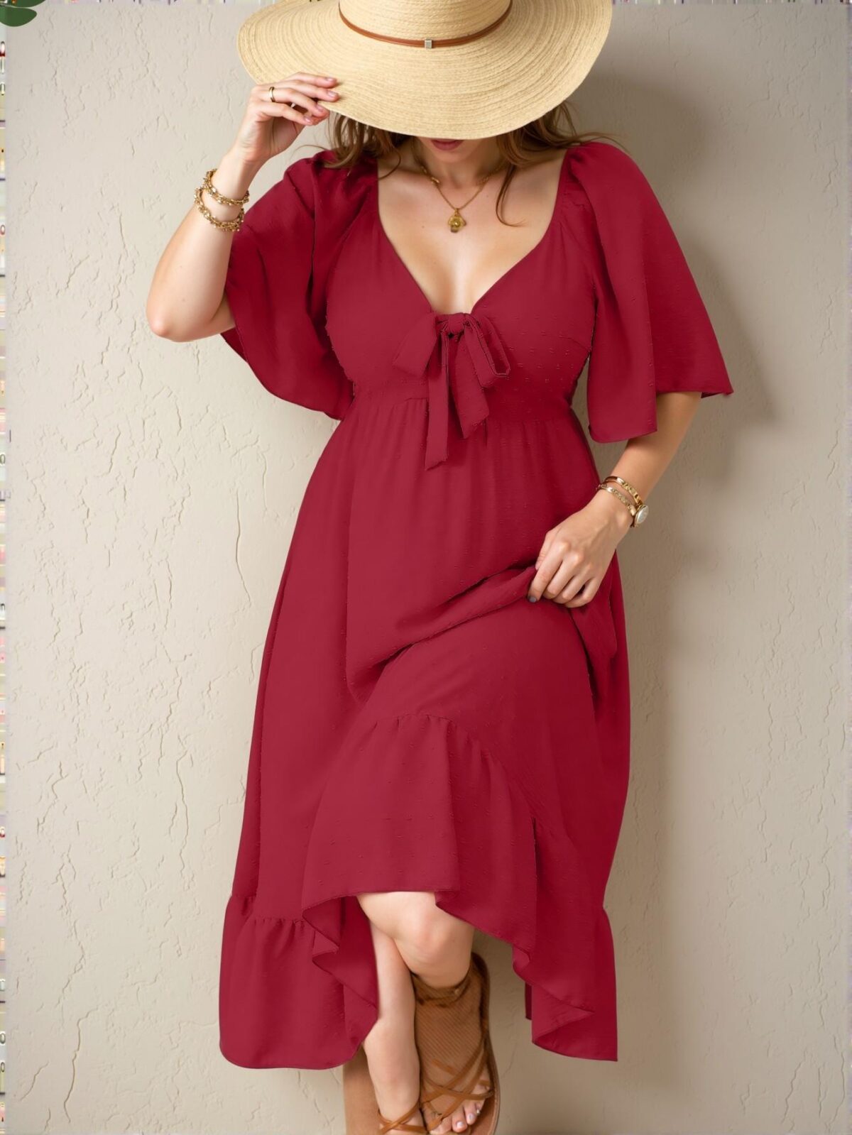 Elegant Red Flare Hem Midi Dress with 3D Cut-Outs and Flounce Sleeves for Spring and Summer Chic, Classy and Trendy Fashion Style to Dress to Impress - Image 3