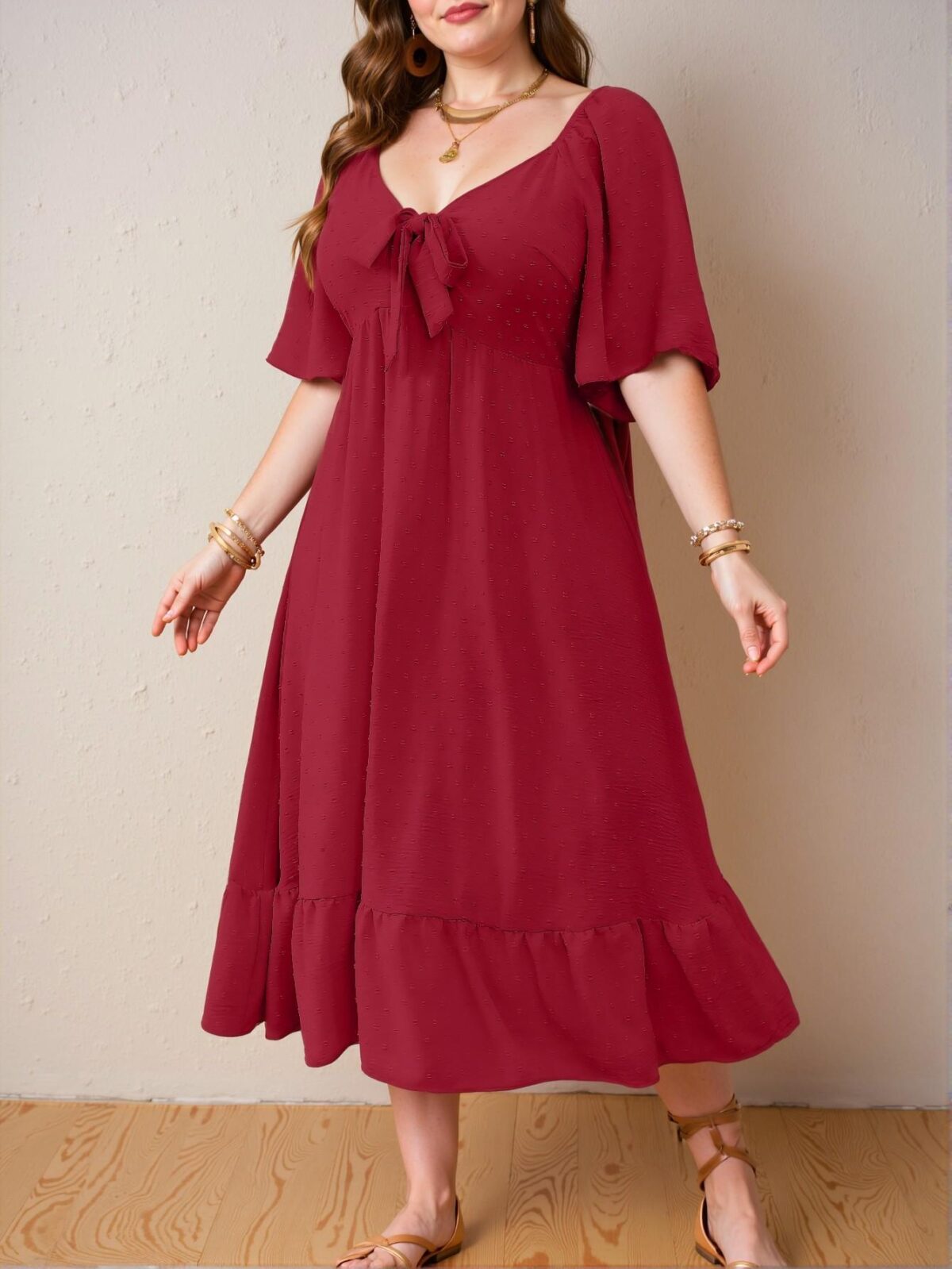 Elegant Red Flare Hem Midi Dress with 3D Cut-Outs and Flounce Sleeves for Spring and Summer Chic, Classy and Trendy Fashion Style to Dress to Impress - Image 4