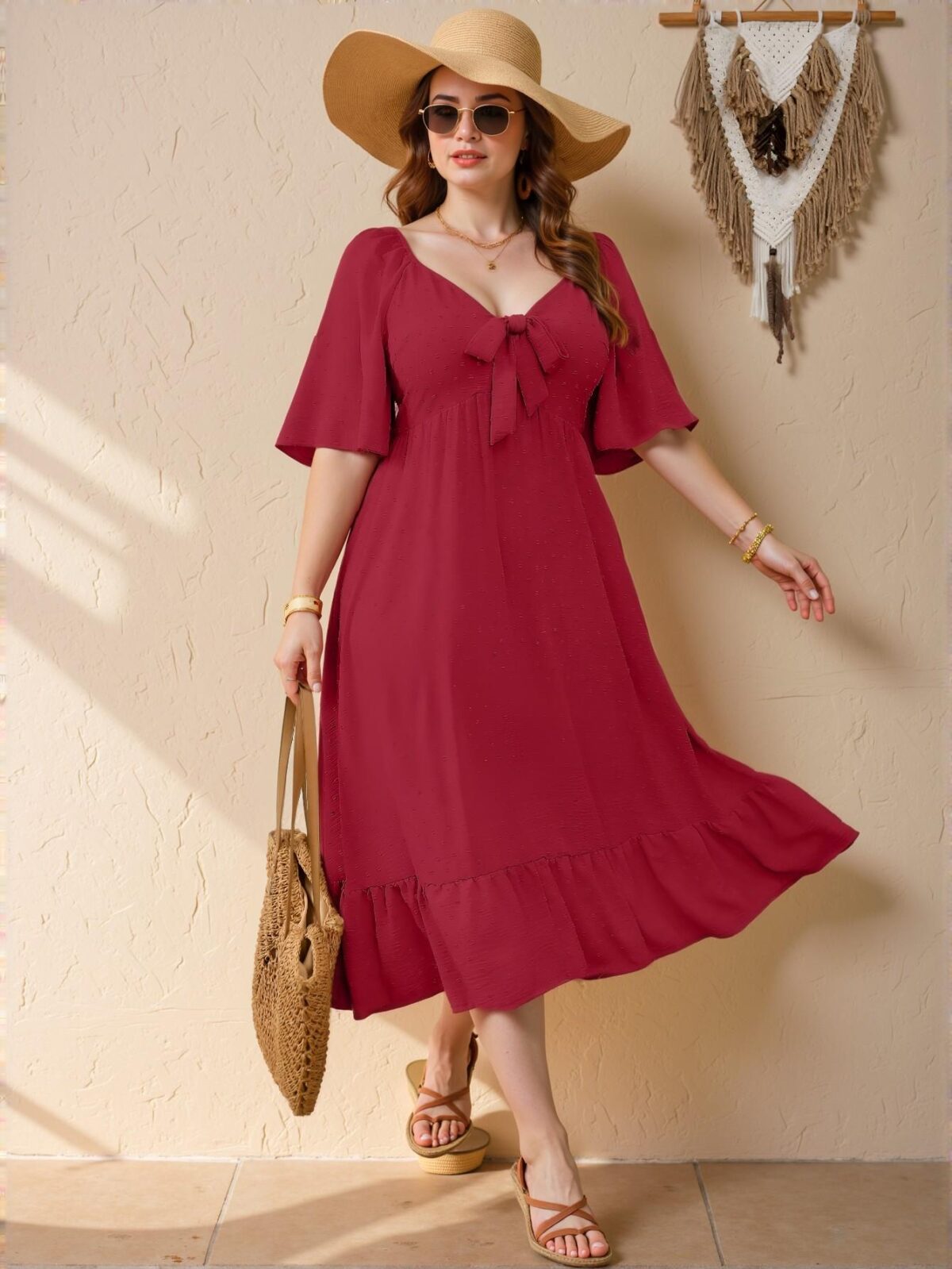 Elegant Red Flare Hem Midi Dress with 3D Cut-Outs and Flounce Sleeves for Spring and Summer Chic, Classy and Trendy Fashion Style to Dress to Impress - Image 5