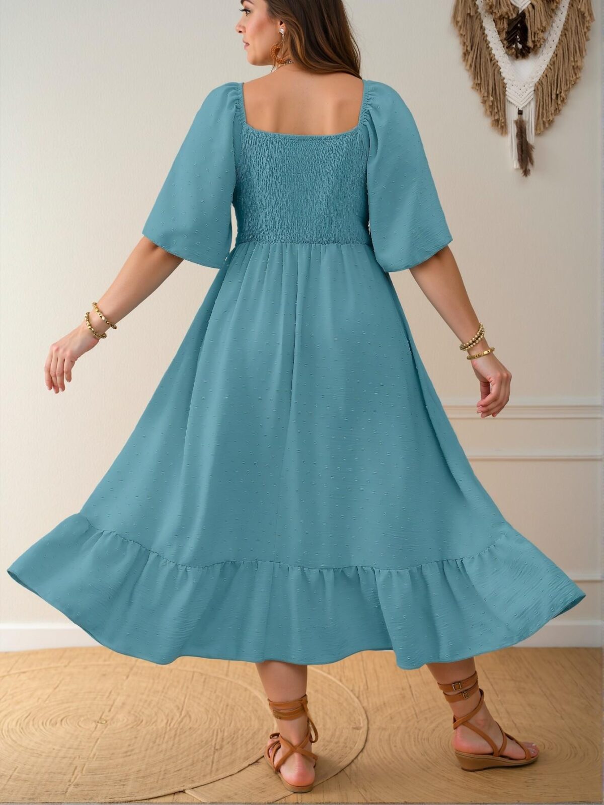 Elegant Mint Blue Flare Hem Slim Fit Midi Dress with Cut-Out Details for Women’s Summer Style – Chic, Classy and Trendy Fashion to Dress to Impress - Image 2