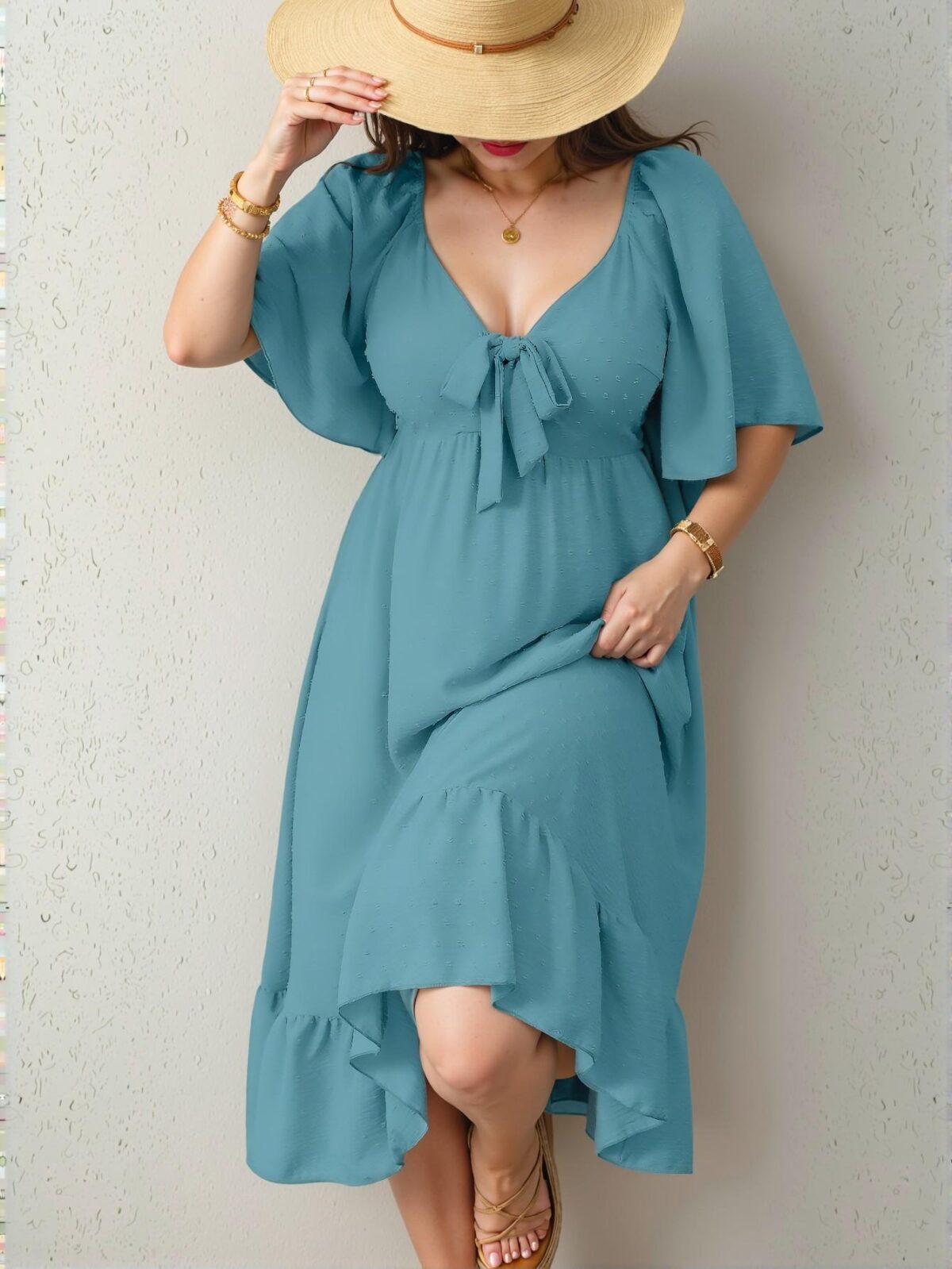 Elegant Mint Blue Flare Hem Slim Fit Midi Dress with Cut-Out Details for Women’s Summer Style – Chic, Classy and Trendy Fashion to Dress to Impress - Image 3