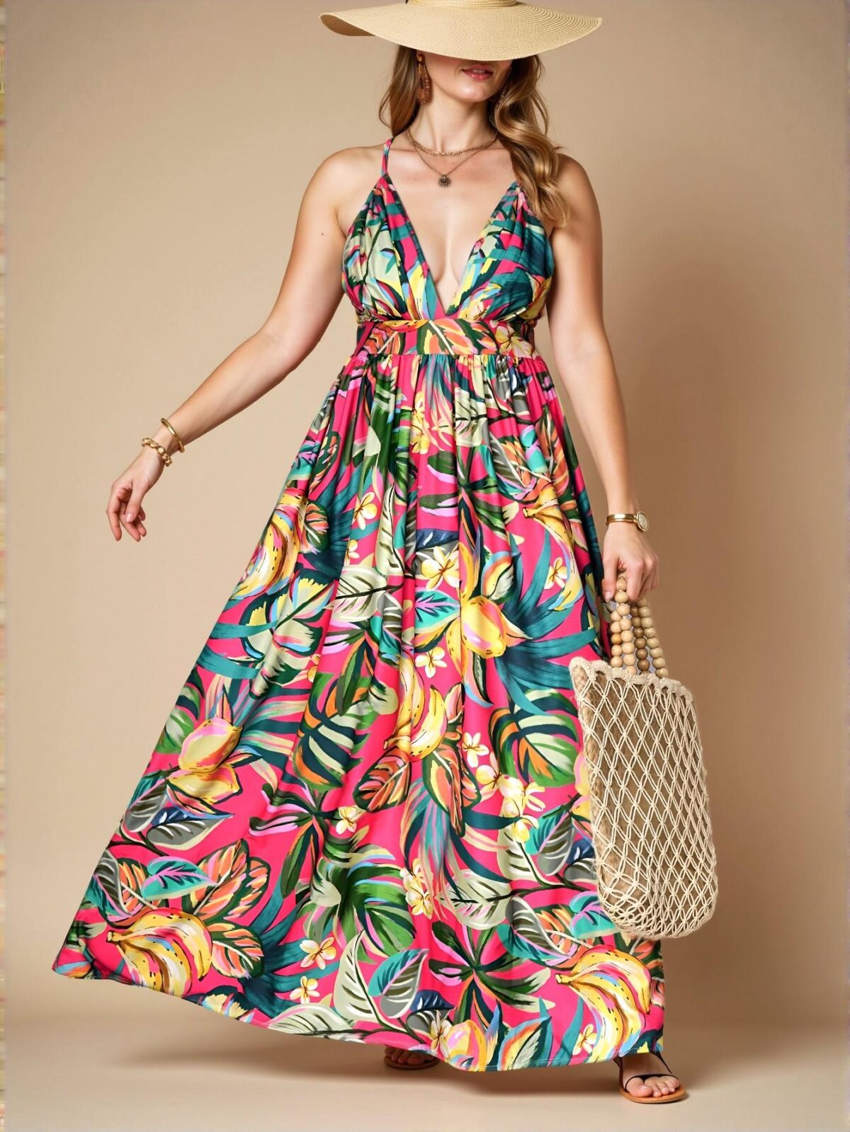 Elegant Multicolor Bohemian Floral Print Deep V-Neck Sleeveless Sundress for Summer and Beach Getaways, Chic, Classy and Trendy Fashion Style to Dress to Impress