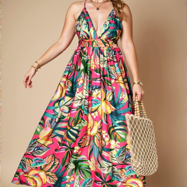 Elegant Multicolor Bohemian Floral Print Deep V-Neck Sleeveless Sundress for Summer and Beach Getaways, Chic, Classy and Trendy Fashion Style to Dress to Impress