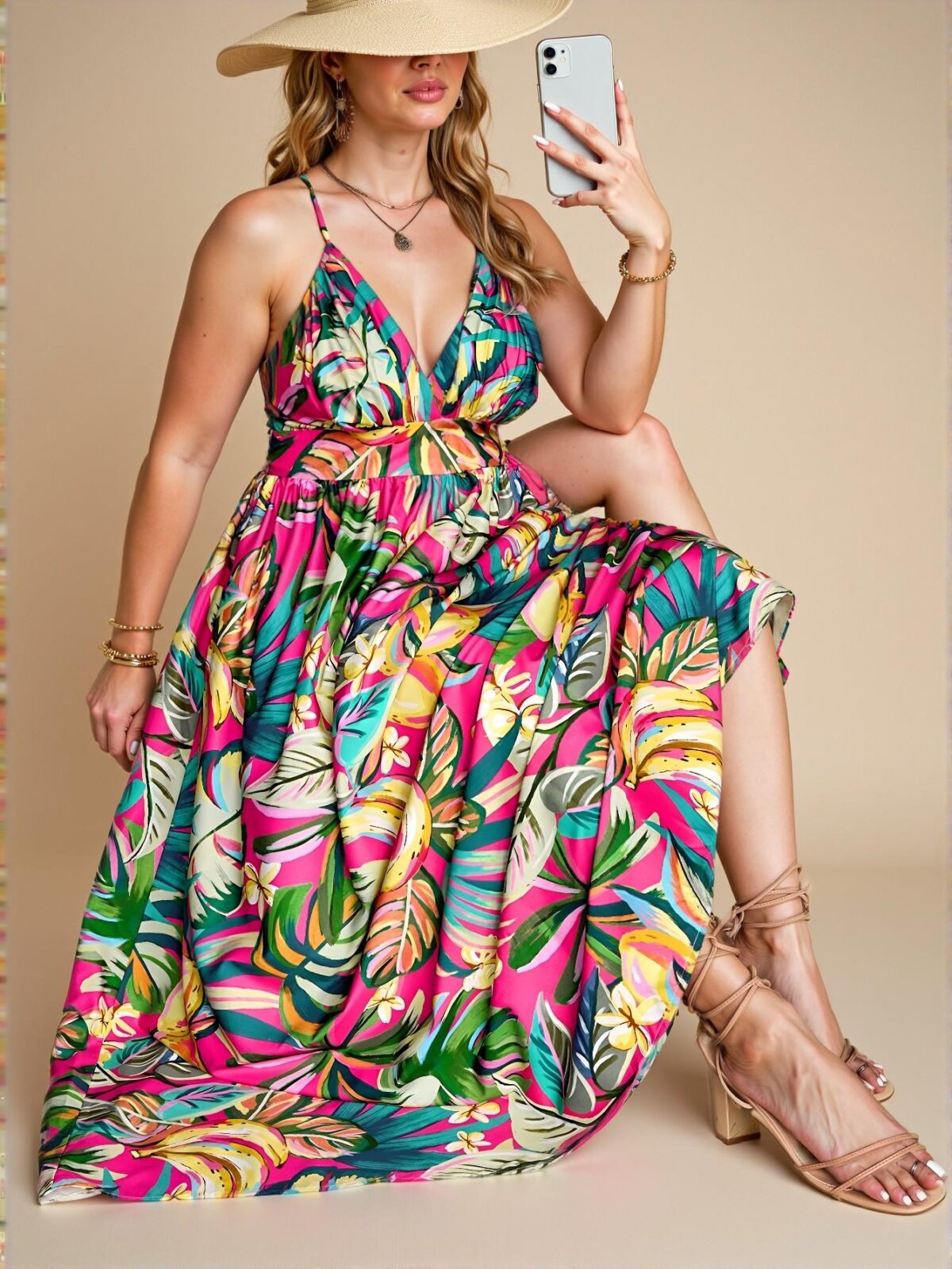 Elegant Multicolor Bohemian Floral Print Deep V-Neck Sleeveless Sundress for Summer and Beach Getaways, Chic, Classy and Trendy Fashion Style to Dress to Impress - Image 4
