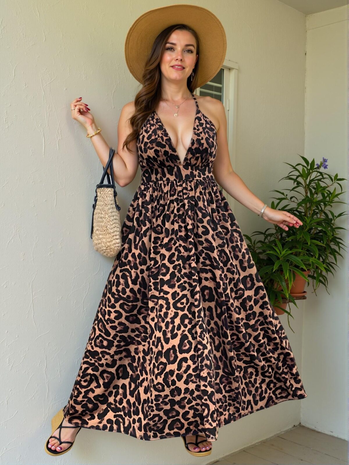Elegant Brown Backless Leopard Print Maxi Cami Dress for Vacation, Concerts, Graduations, Beach Days, and Holiday Outfits – Chic, Classy and Trendy Fashion Style to Dress to Impress - Image 3