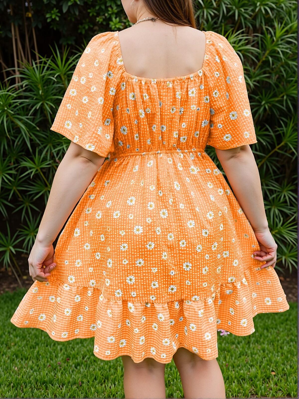 Elegant Orange Playful High Waist A-Line Dress with Flounce Sleeves and Ruffle Hem for Spring and Summer Chic, Classy and Trendy Fashion Style to Dress to Impress - Image 2