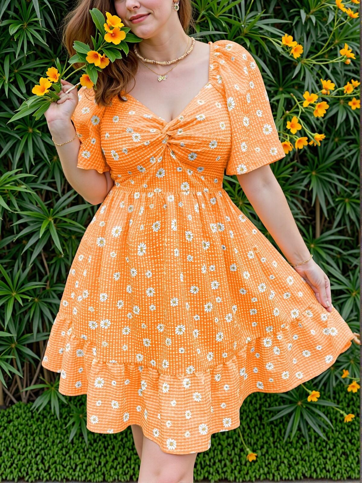 Elegant Orange Playful High Waist A-Line Dress with Flounce Sleeves and Ruffle Hem for Spring and Summer Chic, Classy and Trendy Fashion Style to Dress to Impress - Image 4