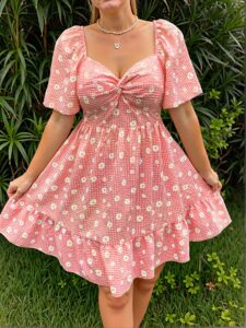 Elegant Pink Flounce Sleeve Daisy Print A-Line Dress for Spring and Summer - Chic, Classy and Trendy Fashion Style to Dress to Impress