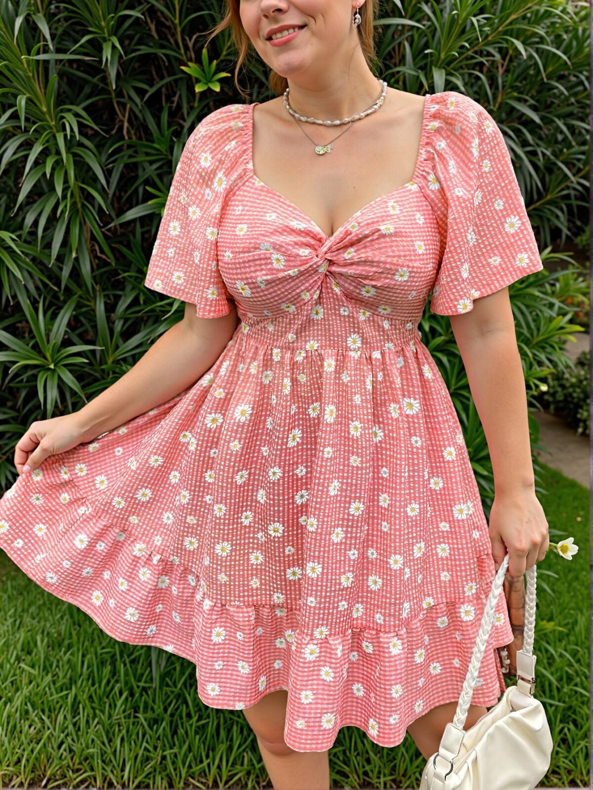 Elegant Pink Flounce Sleeve Daisy Print A-Line Dress for Spring and Summer - Chic, Classy and Trendy Fashion Style to Dress to Impress - Image 4