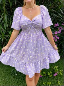 Elegant Purple Boho Floral A-Line Dress with Twisted Knot and Flounce Sleeves for Spring and Summer – Chic, Classy, and Trendy Fashion Style to Dress to Impress