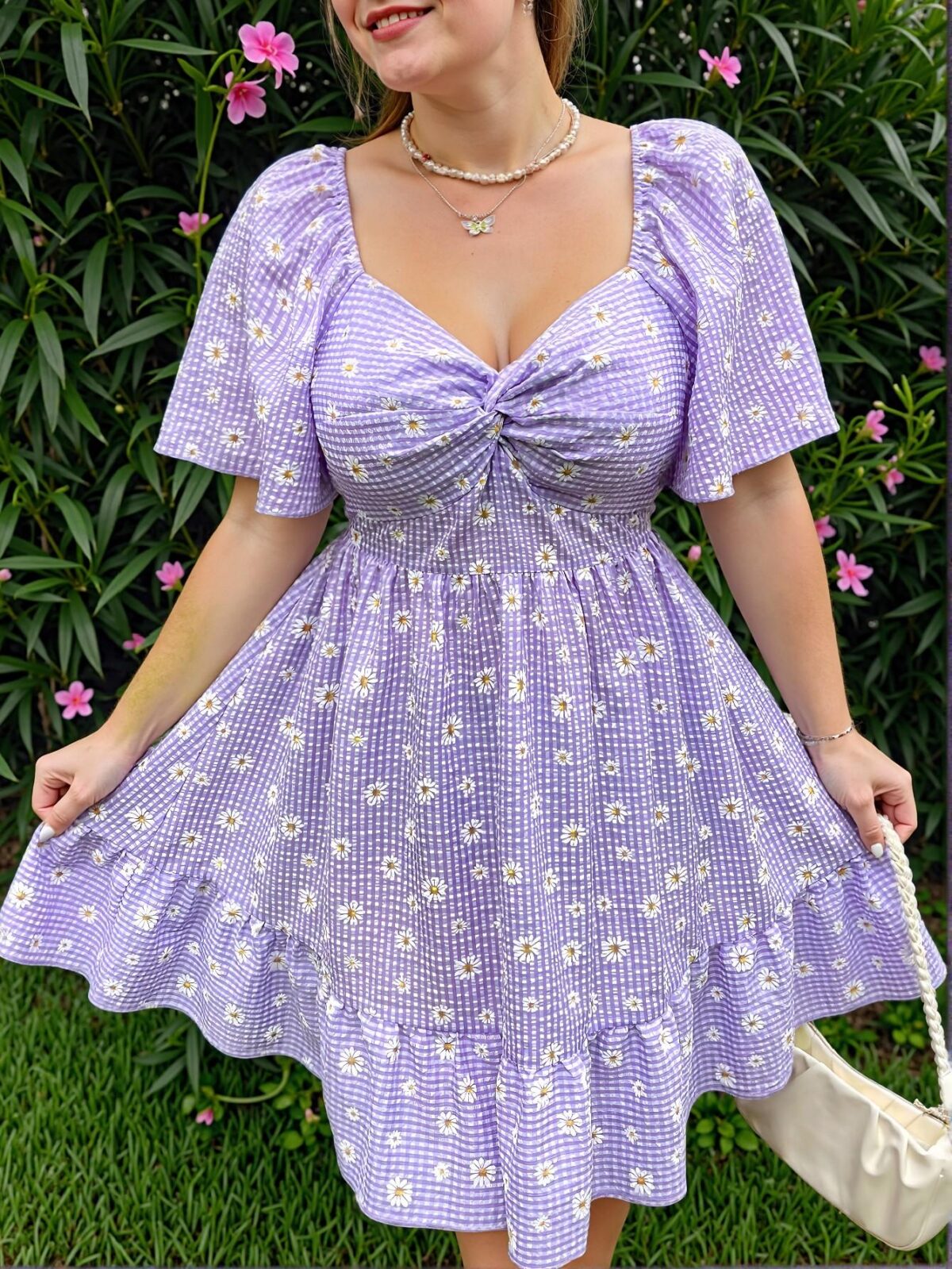Elegant Purple Boho Floral A-Line Dress with Twisted Knot and Flounce Sleeves for Spring and Summer – Chic, Classy, and Trendy Fashion Style to Dress to Impress - Image 4