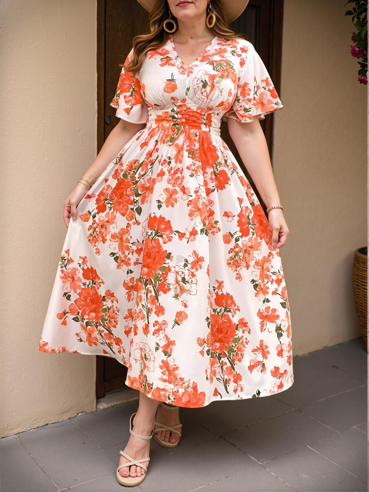 Elegant Orange Romantic Floral Print V-Neck Cinched Waist Ruched A-Line Dress Perfect for Spring and Summer Outings "Chic, Classy and Trendy Fashion Style to Dress to Impress"