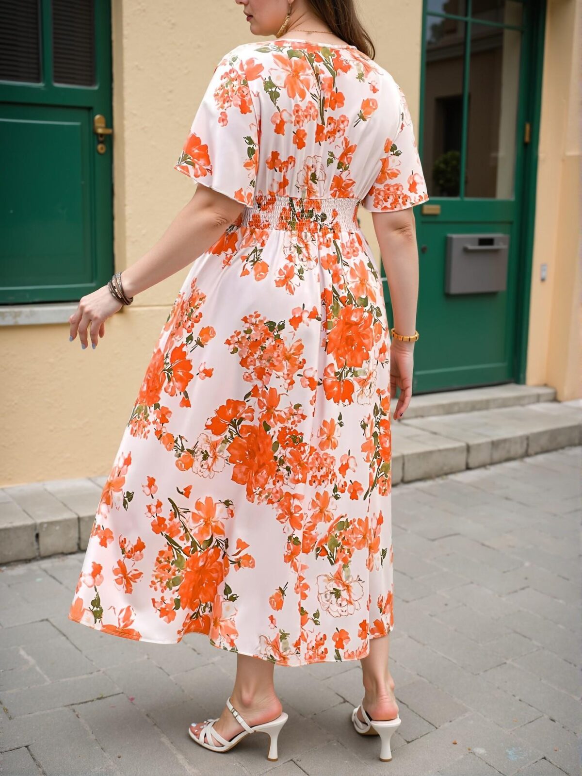 Elegant Orange Romantic Floral Print V-Neck Cinched Waist Ruched A-Line Dress Perfect for Spring and Summer Outings "Chic, Classy and Trendy Fashion Style to Dress to Impress" - Image 2